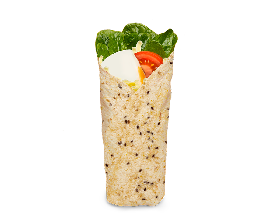 Spinach & Egg Wrap with poached egg, mozzarella, spinach, and tomato in a multigrain wrap