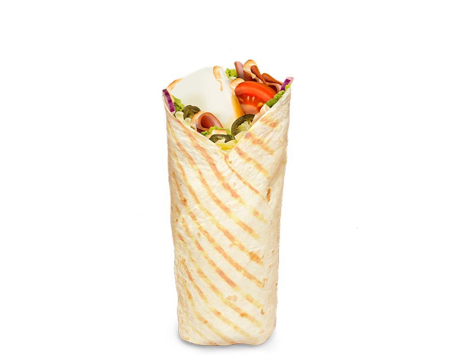 Mexican-Style Wrap with ham, mozzarella, poached egg, avocado, tomato, onion, jalapeños, and chipotle sauce in a grilled wrap