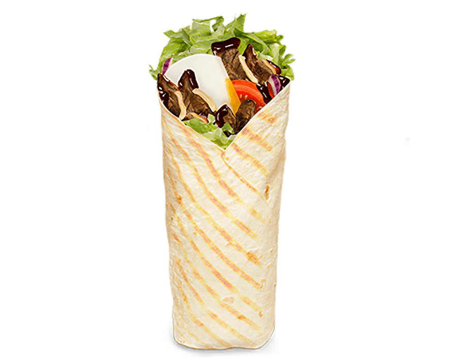 Steak & Egg Wrap – diced steak, mozzarella, poached egg, lettuce, tomato, onion, and BBQ sauce