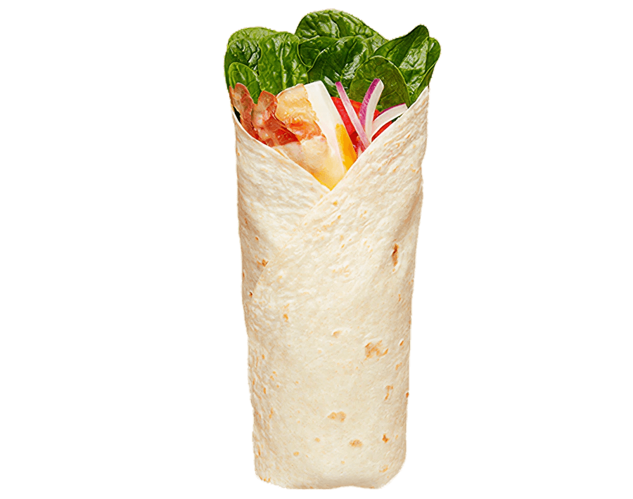 BLT with Egg & Cheese Wrap – bacon, poached egg, Old English cheese, lettuce, tomato, and garlic aioli in a white wrap