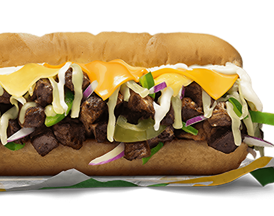 Subway® Philly-Style Three-Cheese Sub with steak, three cheeses, onions, capsicum, jalapeños, and aioli.