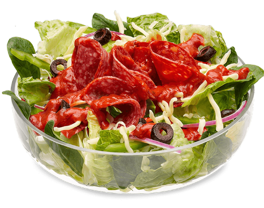 Subway® Pizza Melt Salad with pepperoni, salami, marinara sauce, and cheese.