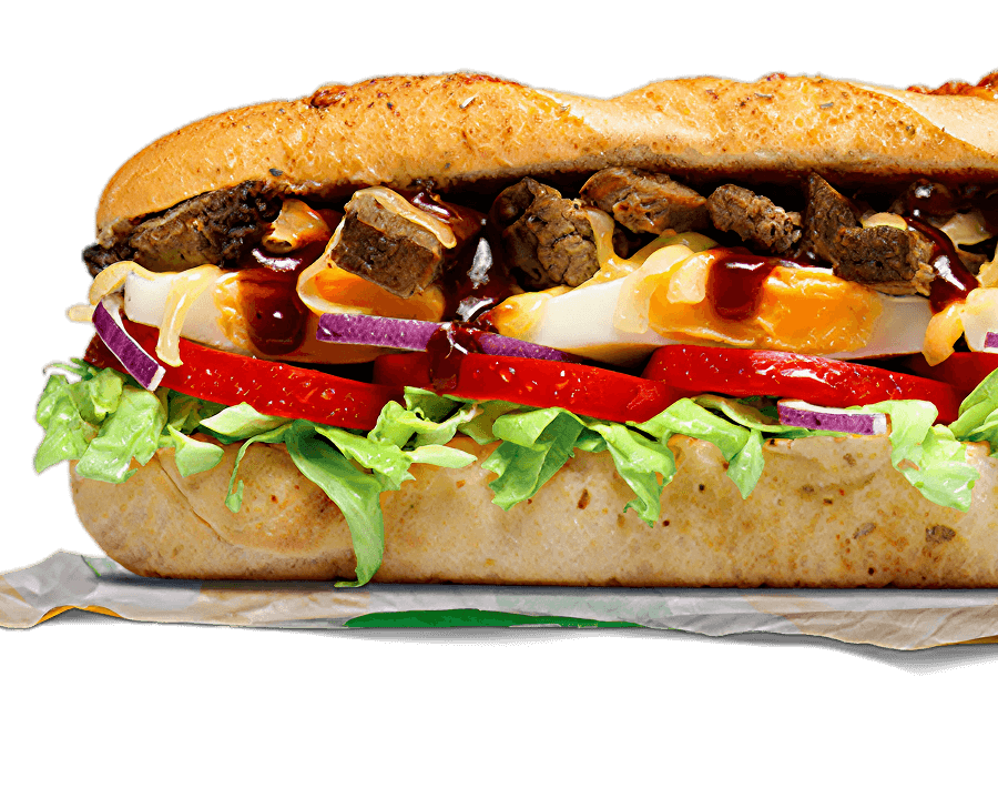 Steak & Egg Sub – diced steak, mozzarella, poached egg, lettuce, tomato, onion, and BBQ sauce on Italian Herbs & Cheese bread
