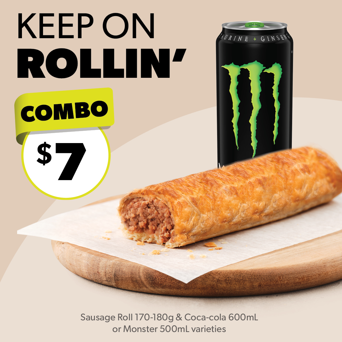 RAMP 9 - 2026 - EAT Sausage Roll & Monster 500mL or Coke 600mL $7 - OTR Website Tile 1200x1200px FINAL